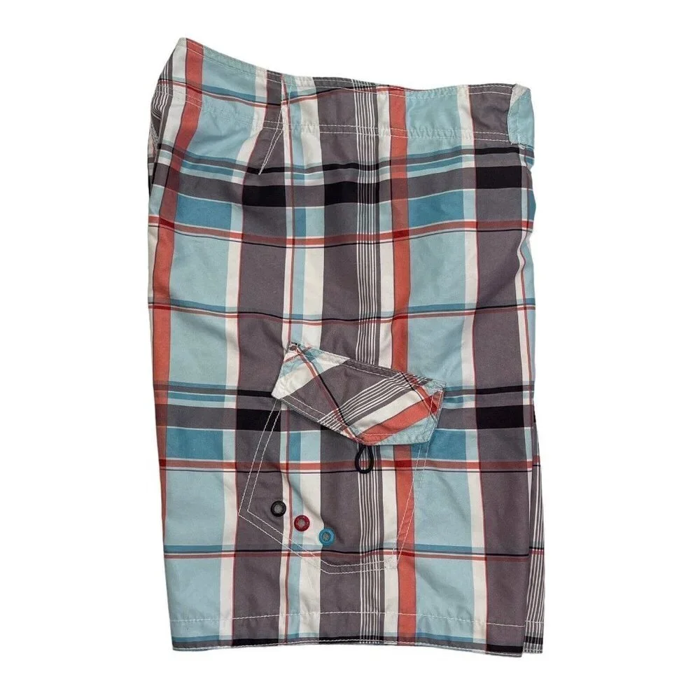 Vintage OLD NAVY Men's Plaid Swim Trunks Board Shorts Size Medium Grey Blue Pckt - Picture 3 of 11